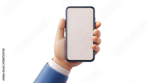 3D hand holding mobile phone with blank screen, smartphone mockup for social media advertising and creative banners.  
 photo