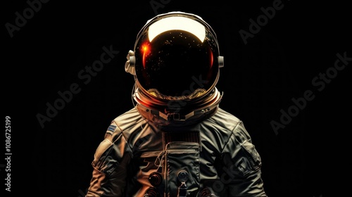 A modern astronaut in a high-tech space suit against a black background, featuring reflective helmet details and a sleek, futuristic design photo