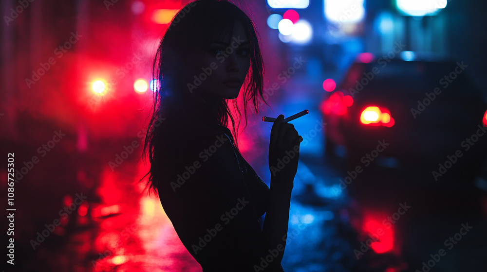 Shadowy Woman Holding a Cigarette on a Dark Street Corner, Bathed in Red and Blue Police Lights, Suggesting Suspense and Crime Shadowy Woman Holding a Cigarette on a Dark Street Corner, Bathed in Red and Blue Police Lights, Suggesting Suspense and Crime