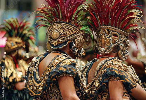 close up the intricate feathered headdresses worn by samba dance photo