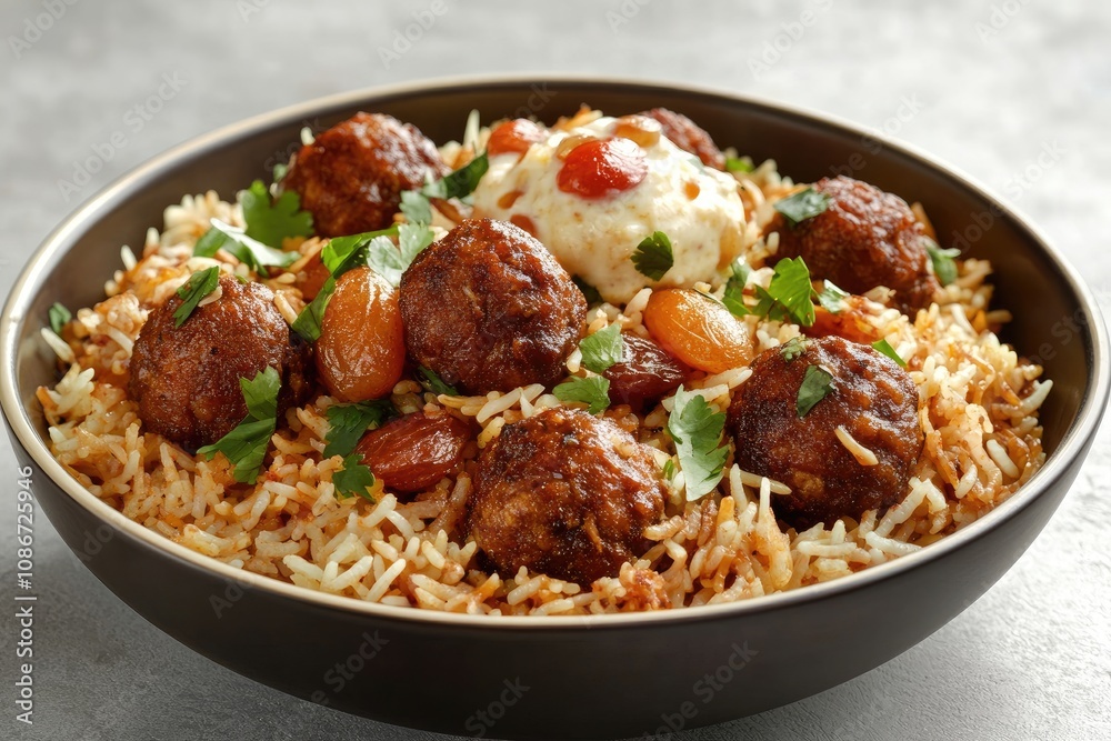 Delicious Meatball Rice Dish With Dried Fruits And Yogurt Delicious Meatball Rice Dish With Dried Fruits And Yogurt