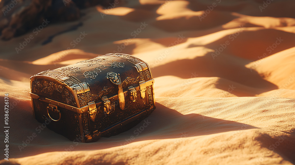Closed wooden chest with treasures on sandy desert Closed wooden chest with treasures on sandy desert