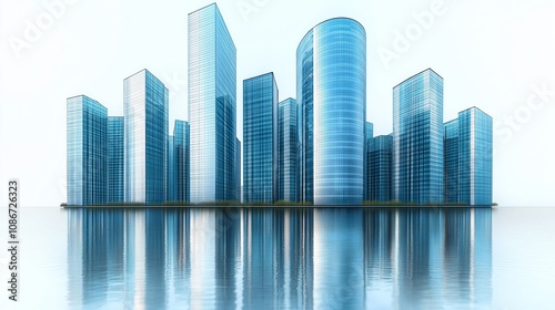 Modern skyscrapers of a smart city, futuristic financial district, graphic perspective of buildings and reflections - Architectural blue background for corporate and business brochure template