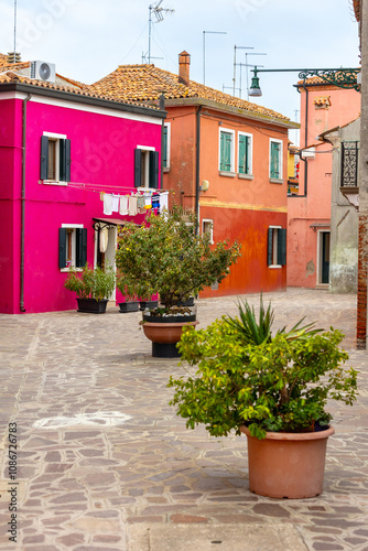 Burano, Italy colorful houses street view