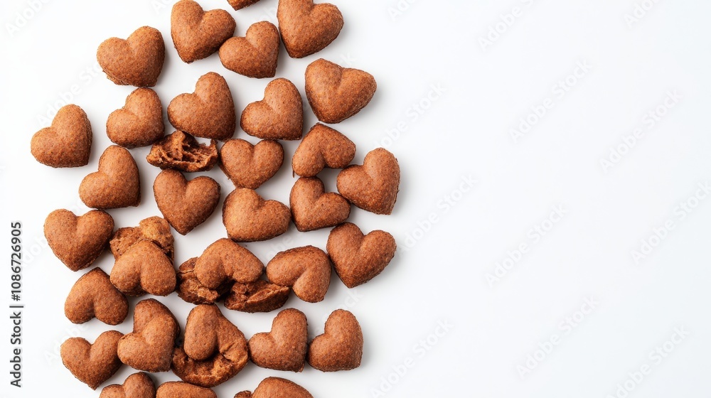 Bunch of brown heart shaped cookies are on a white background. The cookies are arranged in a row and are all different sizes Bunch of brown heart shaped cookies are on a white background. The cookies are arranged in a row and are all different sizes