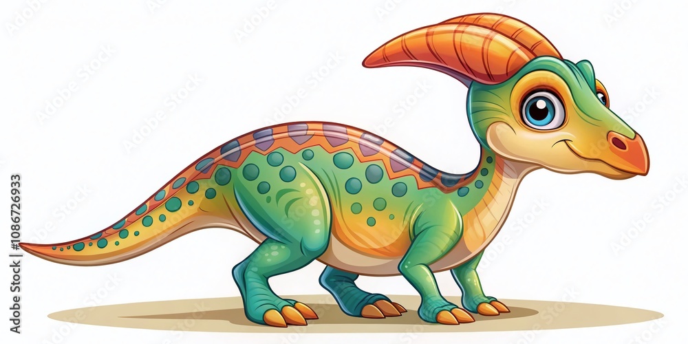 Fototapeta premium Adorable Cartoon Dinosaur Illustration of a Baby Parasaurolophus Perfect for Children's Prints and Decor with Ample Copy Space on White Background
