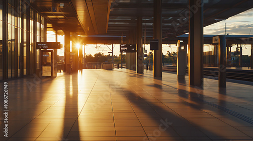 Empty transit station at sunset, long shadows cast, 8k, hyper realistic, real life based.  photo