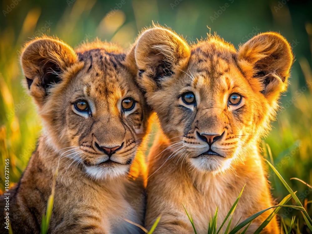 Adorable Close-Up of Playful Lion Cubs in Their Natural Habitat, Showcasing Their Soft Fur and Innocent Expressions with a Vibrant Background of African Grasslands Adorable Close-Up of Playful Lion Cubs in Their Natural Habitat, Showcasing Their Soft Fur and Innocent Expressions with a Vibrant Background of African Grasslands