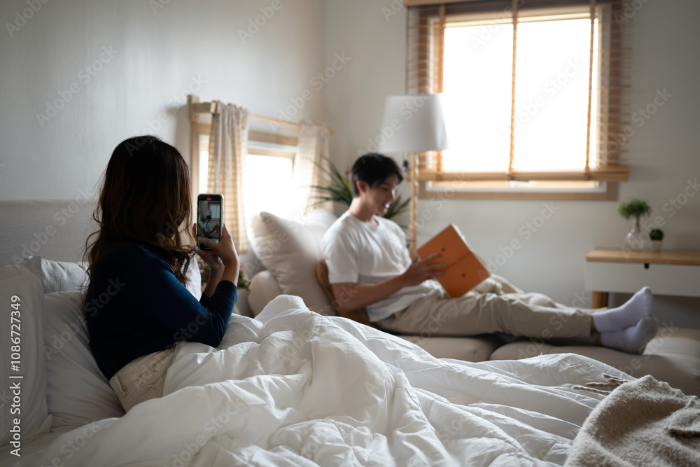 Relaxed couple enjoying a peaceful morning together in cozy home