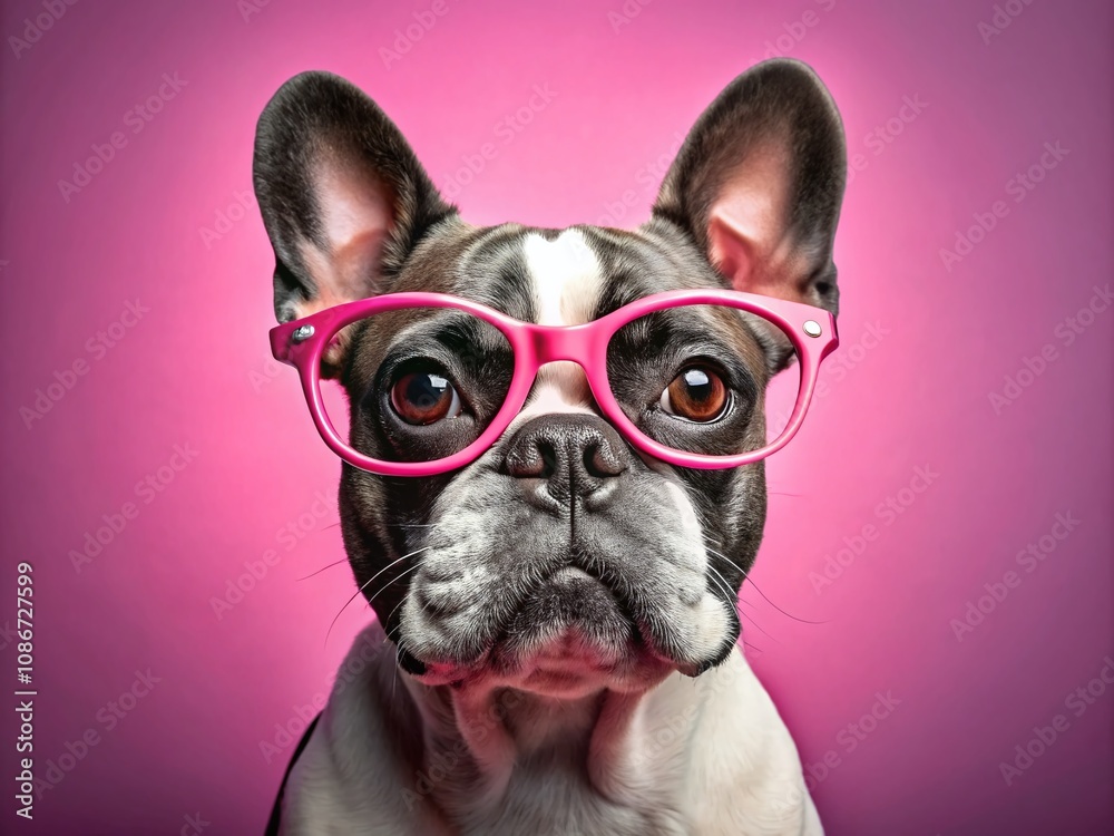 Fototapeta premium Adorable French Bulldog with Glasses on a Vibrant Pink Background Perfect for Pet Lovers and Fun Product Photography