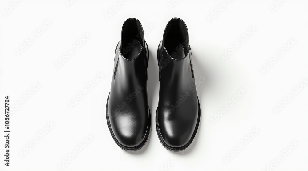 Sleek black leather ankle boots, top view, on white background Sleek black leather ankle boots, top view, on white background