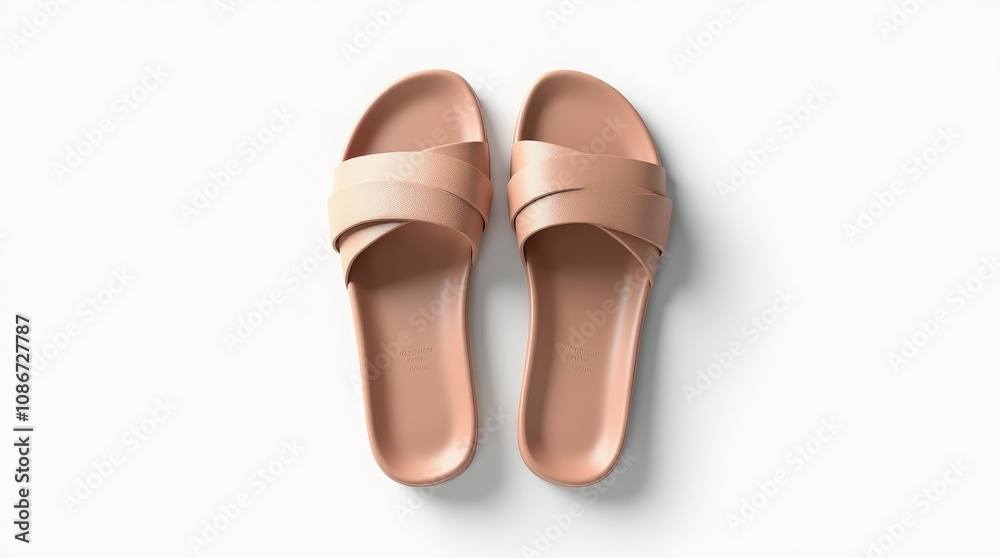 Minimalist beige slide sandals with crisscross straps, isolated on white background Minimalist beige slide sandals with crisscross straps, isolated on white background