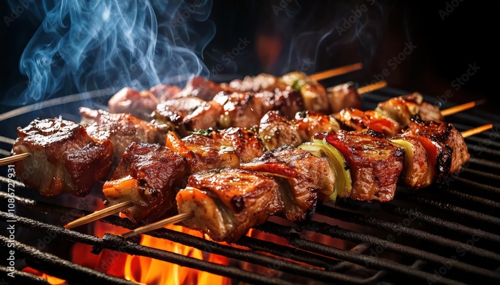 Close-up of succulent lamb skewers grilling with visible smoke and a crispy, caramelized Close-up of succulent lamb skewers grilling with visible smoke and a crispy, caramelized