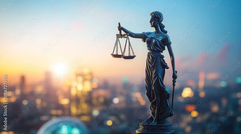 A statue of Lady Justice holding scales against a blurred city skyline at sunset. A statue of Lady Justice holding scales against a blurred city skyline at sunset.