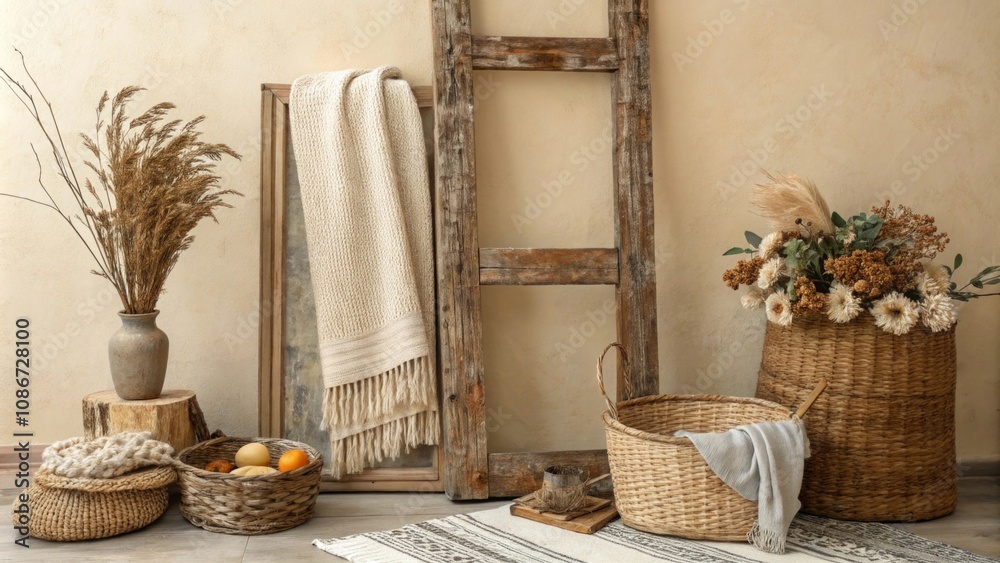 Cozy rustic decor featuring natural elements and textures Cozy rustic decor featuring natural elements and textures