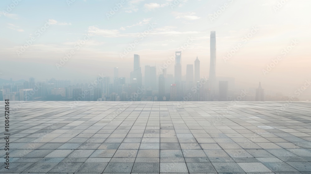 Empty square floor with city skyline background, Downtown Revitalization project, morning Empty square floor with city skyline background, Downtown Revitalization project, morning