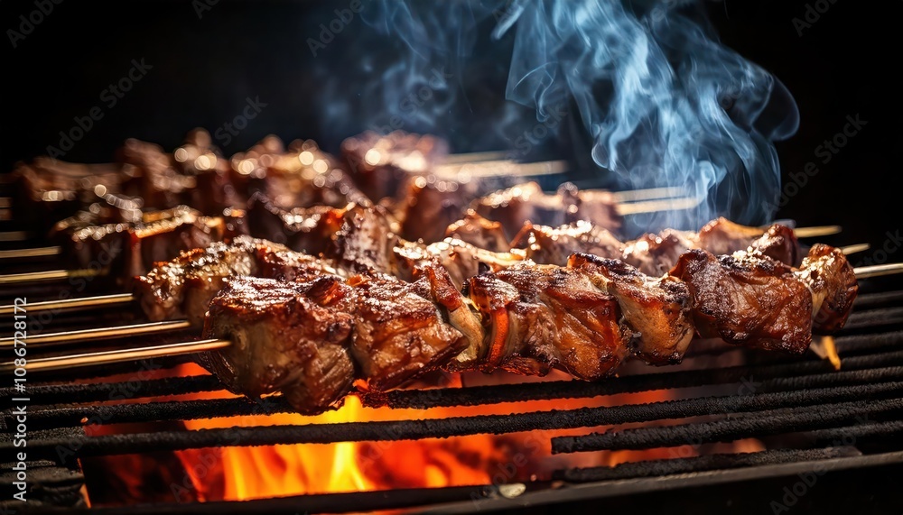 Close-up of succulent lamb skewers grilling with visible smoke and a crispy, caramelized Close-up of succulent lamb skewers grilling with visible smoke and a crispy, caramelized