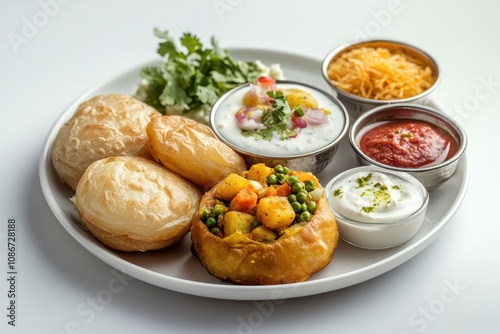 Delicious Indian Food Platter with Bread and Various Sauces