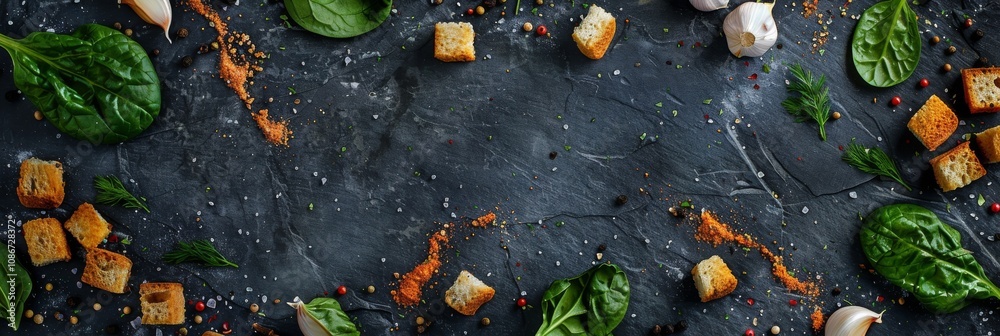 Dark Stone Background with Bulbs, Croutons, Garlic, Dill, Peppercorns, Spinach and Salt. Dark Slate Frame Dark Stone Background with Bulbs, Croutons, Garlic, Dill, Peppercorns, Spinach and Salt. Dark Slate Frame