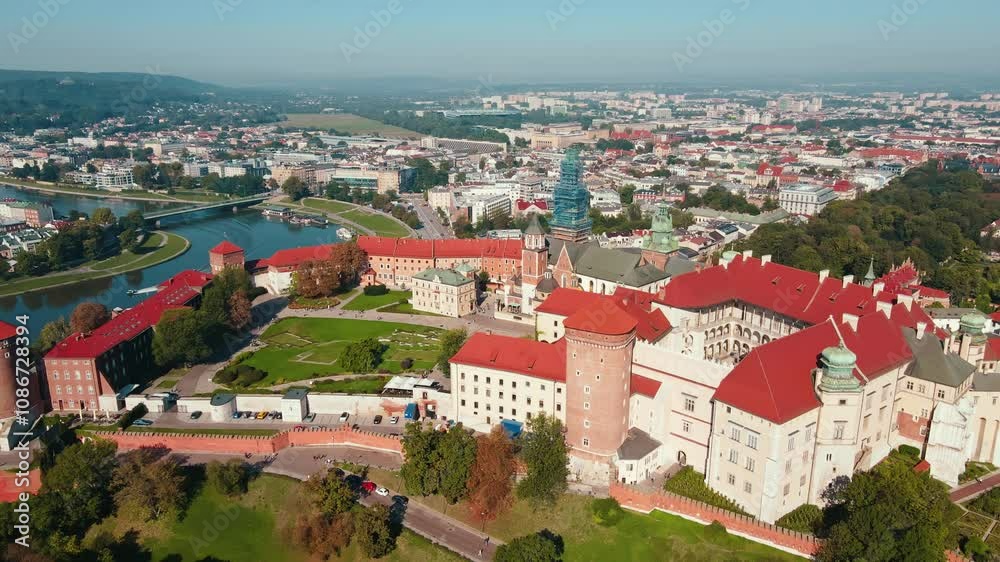 Aerial view of Wawel Castle in Krakow. Medieval royal renaissance architecture. Touristic landmark in Poland Aerial view of Wawel Castle in Krakow. Medieval royal renaissance architecture. Touristic landmark in Poland