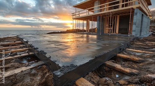 A construction crew is busy laying a solid concrete foundation for a seaside house as the sun sets, casting vibrant hues over the tranquil ocean photo