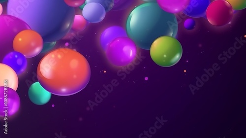 Colorful glossy spheres float on dark purple background