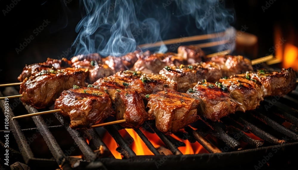 Close-up of succulent lamb skewers grilling with visible smoke and a crispy, caramelized Close-up of succulent lamb skewers grilling with visible smoke and a crispy, caramelized