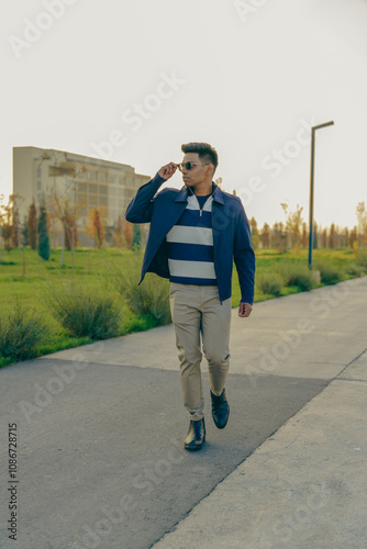 A man in a blue jacket and striped shirt walks down a sidewalk