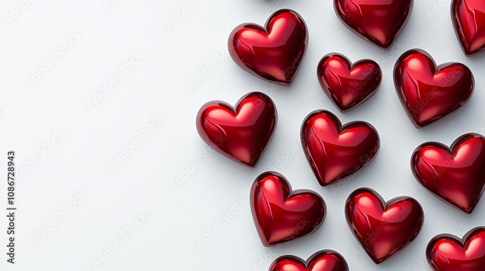 Row of red hearts are arranged in a pattern on a white background. Concept of love and affection, as the hearts are a symbol of romance and passion Row of red hearts are arranged in a pattern on a white background. Concept of love and affection, as the hearts are a symbol of romance and passion