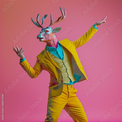 Freak in deer mask dancing, masquerade, absurd carnival, having fun in costume party, weird mask head