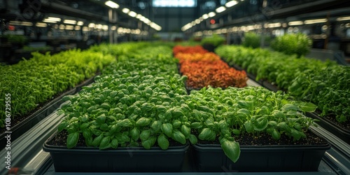 Wallpaper Mural Rows of vibrant green basil and other herbs growing under artificial lights in a modern indoor farm. Torontodigital.ca