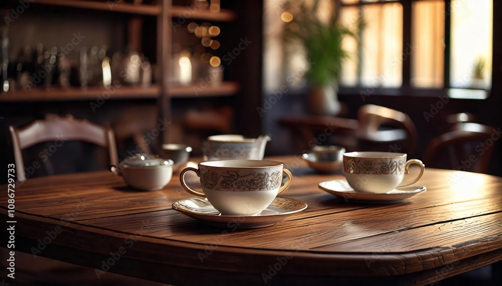 Cozy Cafe Ambiance- Porcelain Teacups Filled with Aromatic Tea Resting on a Wooden Table in Cozy Cafe Ambiance- Porcelain Teacups Filled with Aromatic Tea Resting on a Wooden Table in