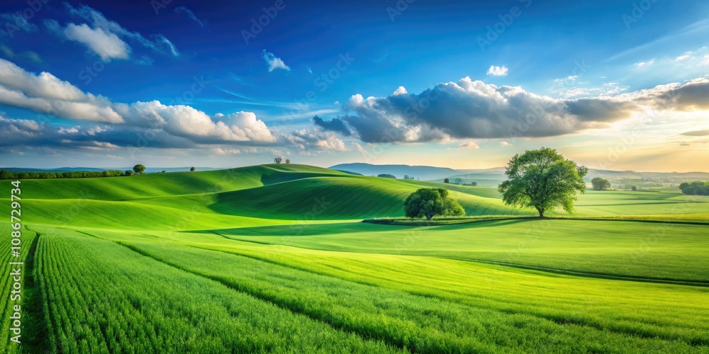 Lush green fields stretch under a vast blue sky, forming a serene environment that promotes peace and relaxation in a tranquil nature setting. Lush green fields stretch under a vast blue sky, forming a serene environment that promotes peace and relaxation in a tranquil nature setting.