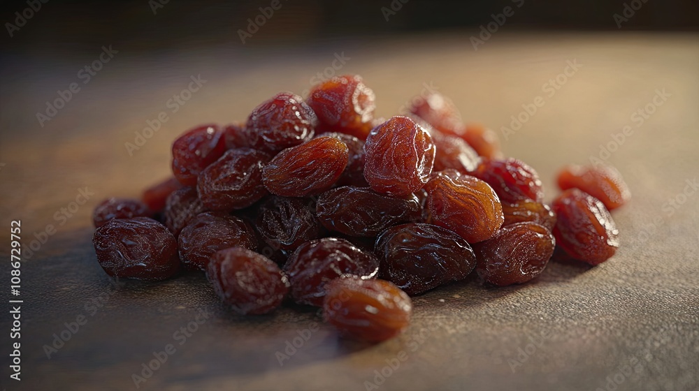 A close-up view of a vibrant pile of dark brown raisins, highlighting their plump texture and rich color.