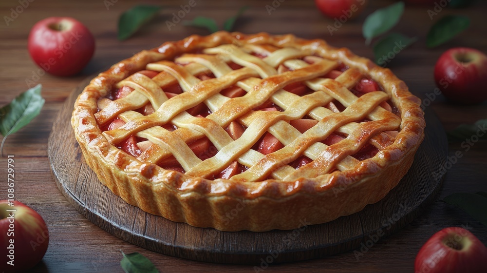 A deliciously baked apple pie with a golden lattice crust, surrounded by fresh apples on a wooden surface. A deliciously baked apple pie with a golden lattice crust, surrounded by fresh apples on a wooden surface.