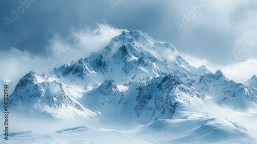 mountain range covered in snow under a cloudy sky