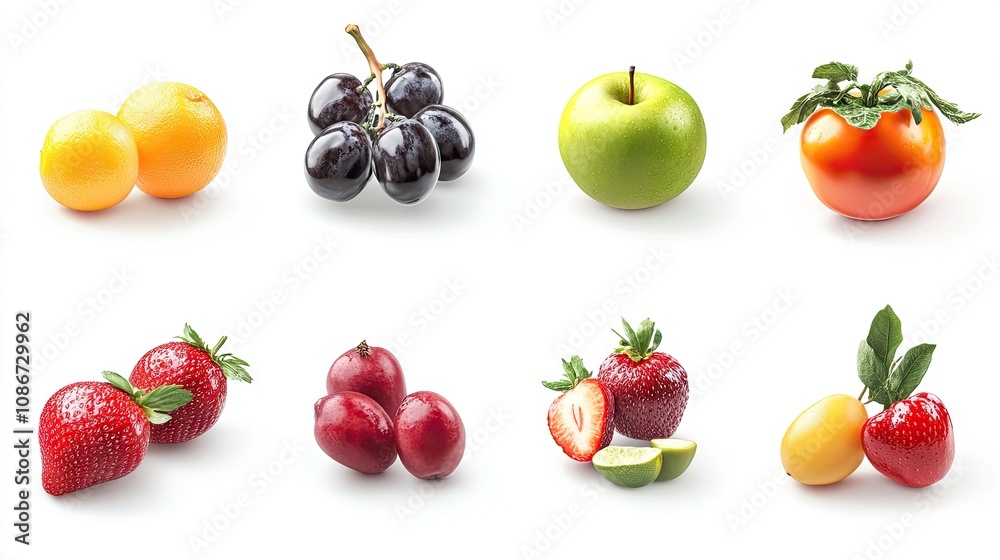 A vibrant display of fresh fruits, including oranges, grapes, green apple, and strawberries, arranged artistically on a white backdrop. A vibrant display of fresh fruits, including oranges, grapes, green apple, and strawberries, arranged artistically on a white backdrop.