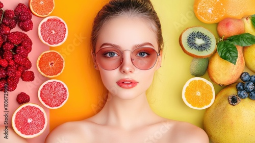 Fototapeta Naklejka Na Ścianę i Meble -  A young Caucasian woman with blonde hair poses with colorful fruits, showcasing vibrant colors and fresh aesthetics.