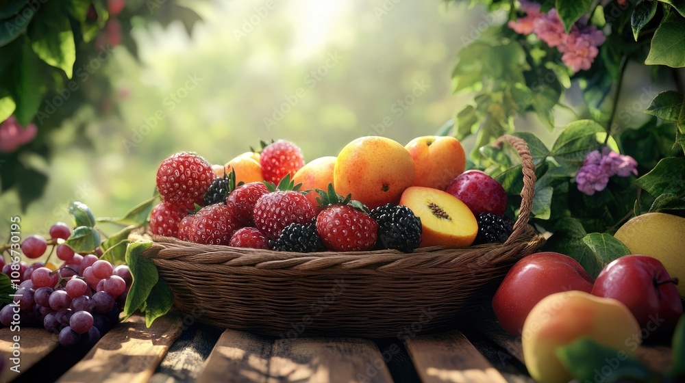 A vibrant basket of assorted fresh fruits including raspberries, blackberries, peaches, and grapes, set against a sunlit background. A vibrant basket of assorted fresh fruits including raspberries, blackberries, peaches, and grapes, set against a sunlit background.