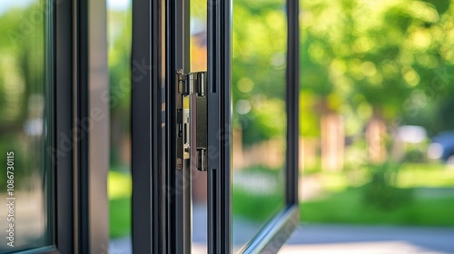 Close-up of a Black Window Frame with a Metal Hinge