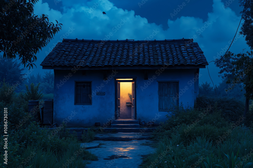 A small blue house in the middle of a field at night A small blue house in the middle of a field at night