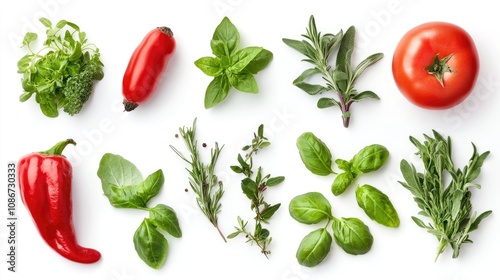 A vibrant assortment of fresh vegetables and herbs arranged artistically on a clean white background.
