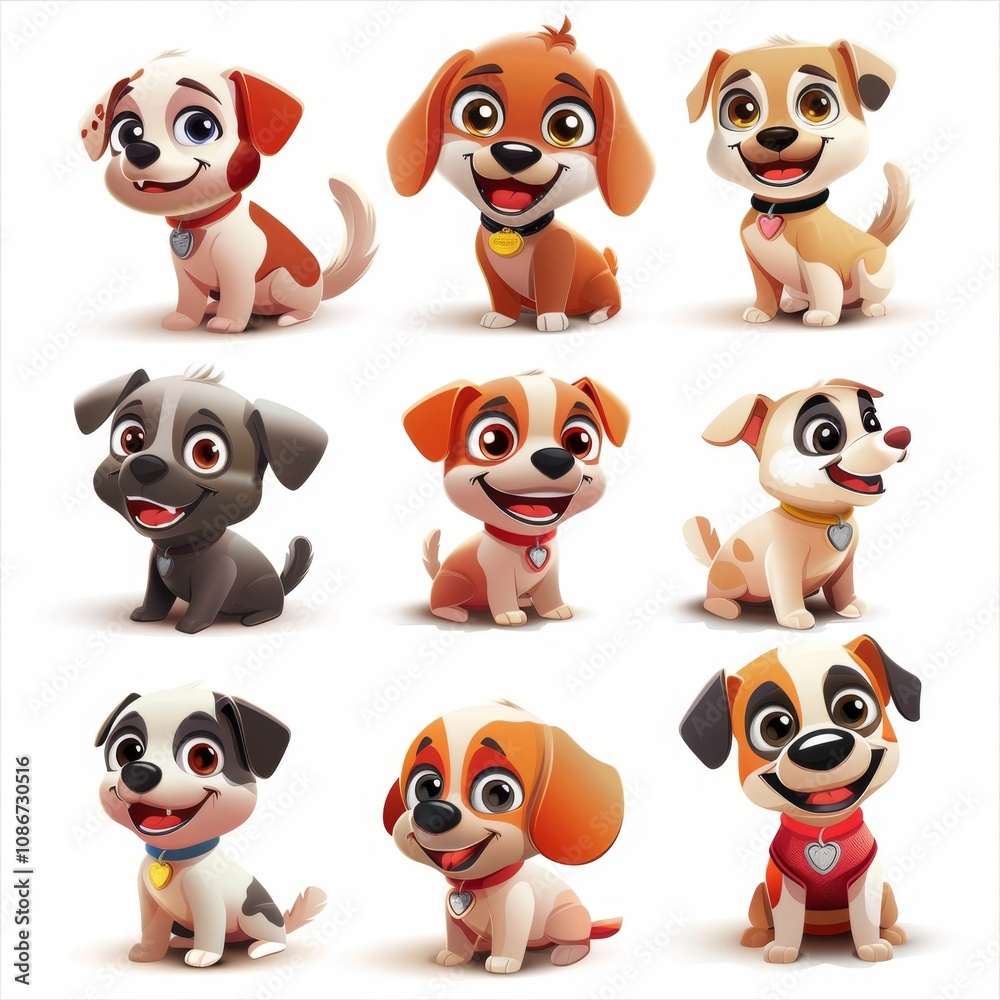 Cute funny cartoon dogs, 3d realistic puppy pet pictogram, dogs set on white background Cute funny cartoon dogs, 3d realistic puppy pet pictogram, dogs set on white background