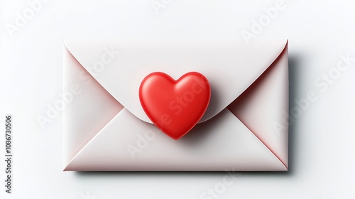 White envelope with a red heart on it. The heart is placed on top of the envelope, and it looks like it's been carefully placed there. Concept of love and affection