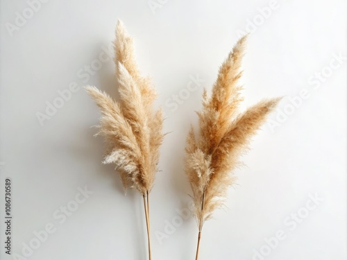 Minimalist Photography of Two Sprigs of Dried Pampas Grass on White Background, Natural Decor for Modern Interiors, Elegant and Simple Home Aesthetic, Neutral Tones, Bohemian Style