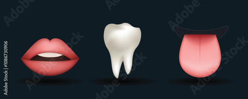 Emoji set. White tooth, tongue and red lips with opened mouth isolated on dark background