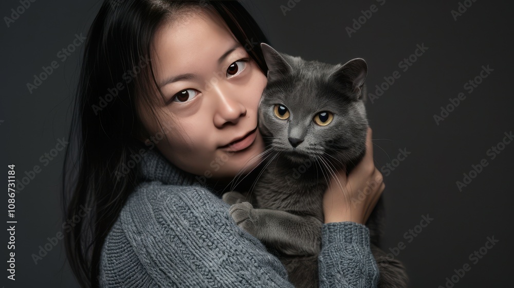 classic studio portrait of an asian woman holding a grey cat classic studio portrait of an asian woman holding a grey cat