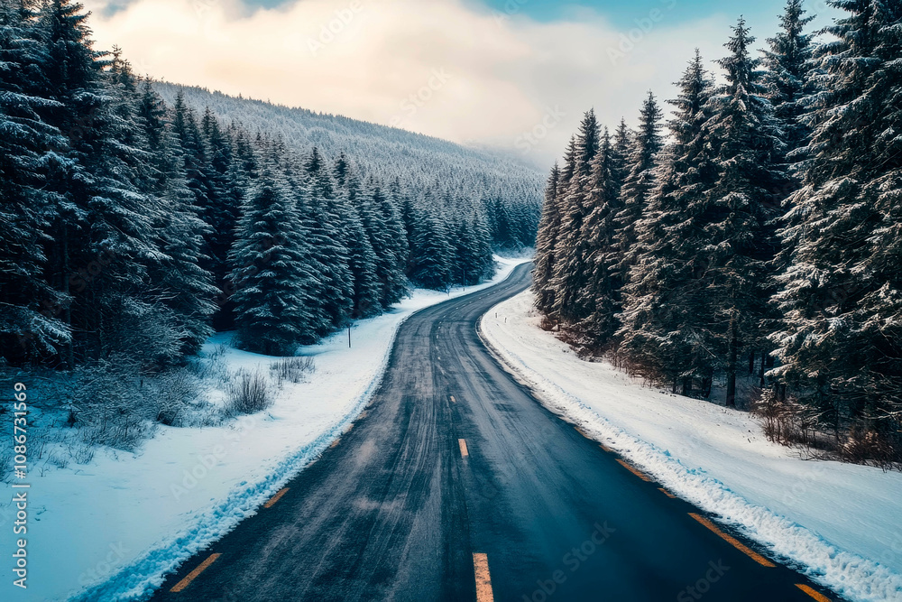 Winter Road Curving Through a Snowy Forest with Warm Glow of Sunset Winter Road Curving Through a Snowy Forest with Warm Glow of Sunset