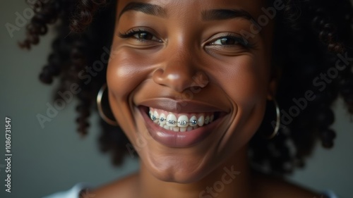 Portrait of a smiling black woman with orthodontic braces in close-up. Orthodontics, dentistry