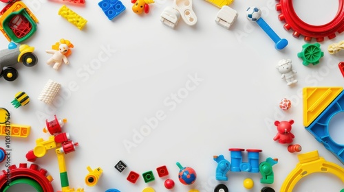 A collection of toys and trinkets are arranged in a circle on a white background